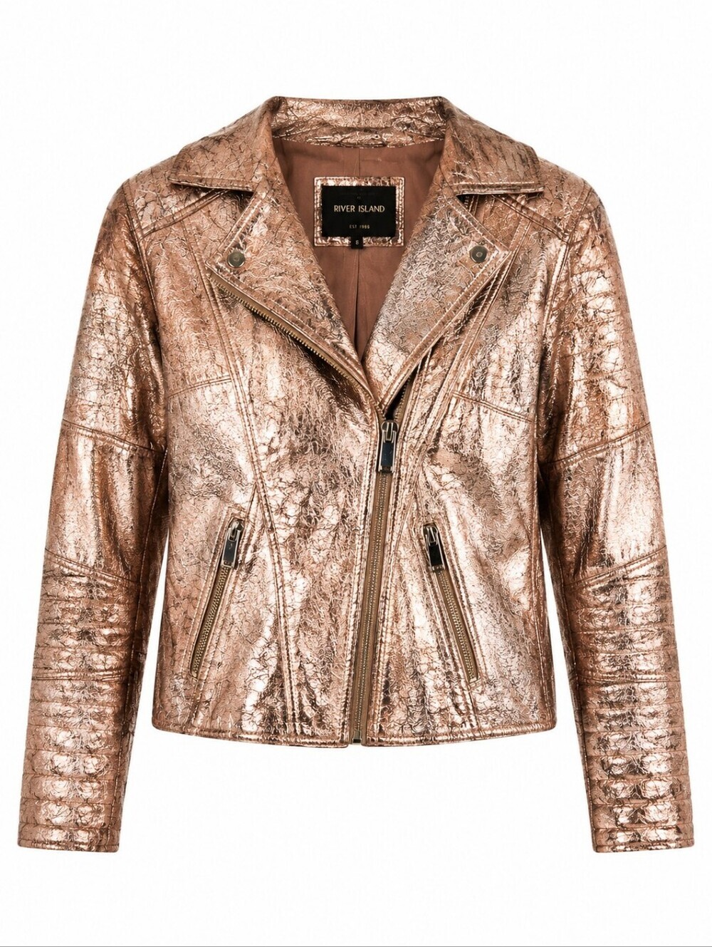 River Island Distressed Rose/ Gold leather bomber jacket S UK8 - Picture 16 of 16